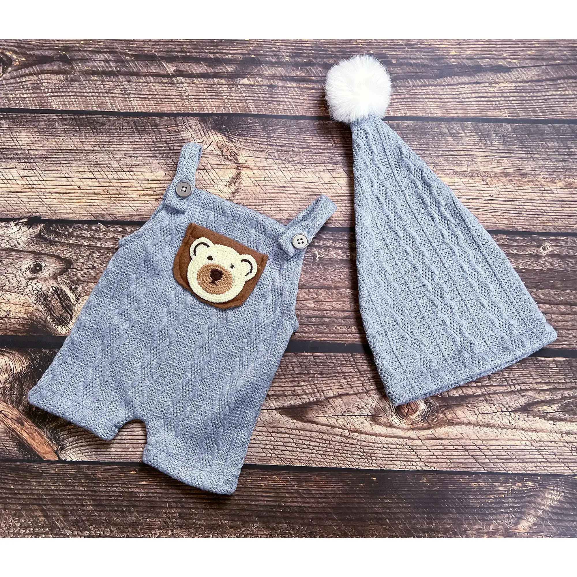 Don&Judy Newborn Baby Costume For Photography Little Bear Baby Pom-Pom Hat And Suspender Shorts Set For Baby Girl Boy