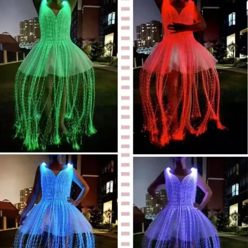 Ballet Fiber Optic Costume Skirt Luminous Dress Color Change Remote Control DIY Customized Stage Performance Long White Singer