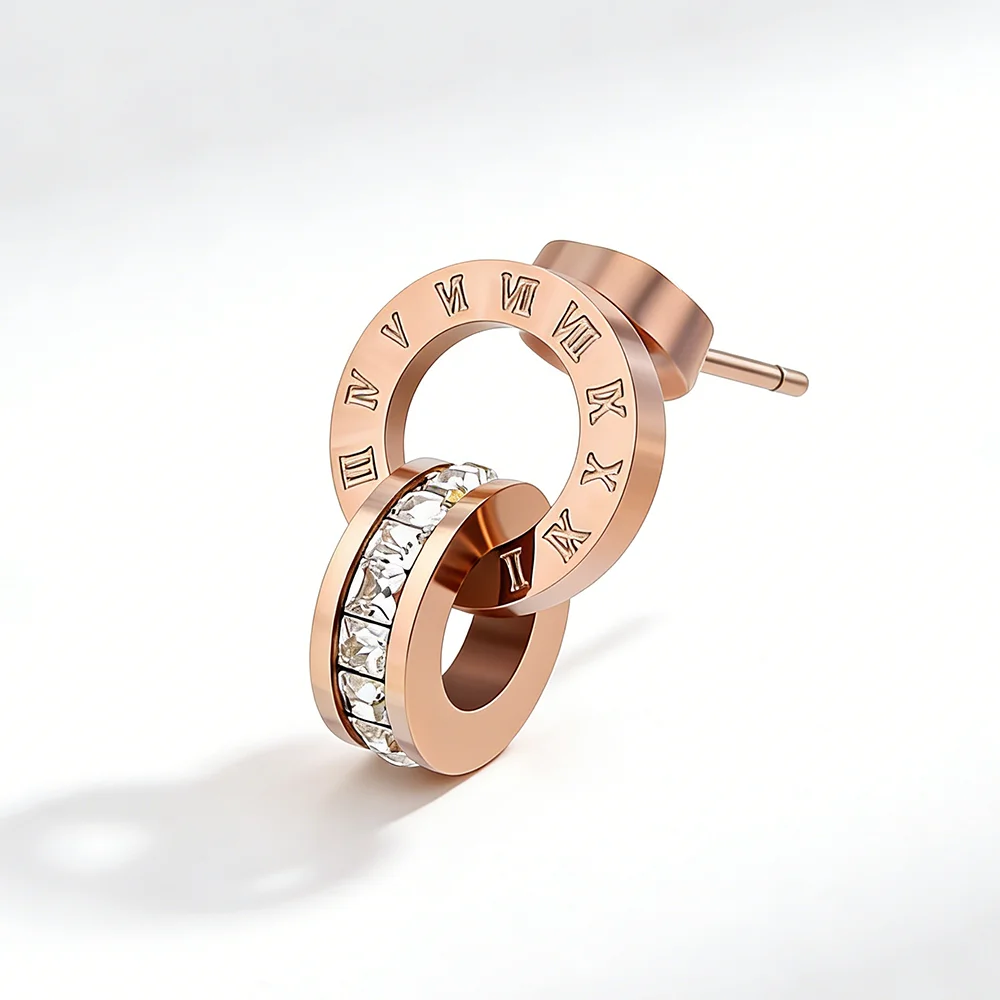 New Roman Numeral Creative Earrings with Zircon Titanium Steel Earrings Women's Double Circle Earrings