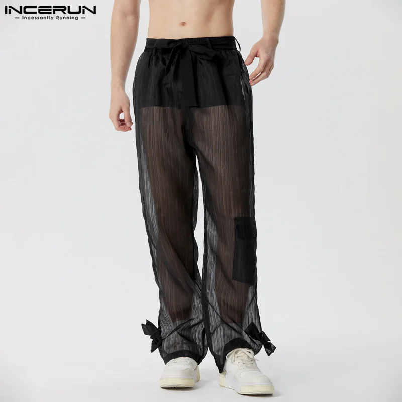 INCERUN Men Pants Mesh Transparent Lace Up Joggers Sexy Striped Casual Trousers Men Streetwear Loose Fashion Long Pants S-5XL