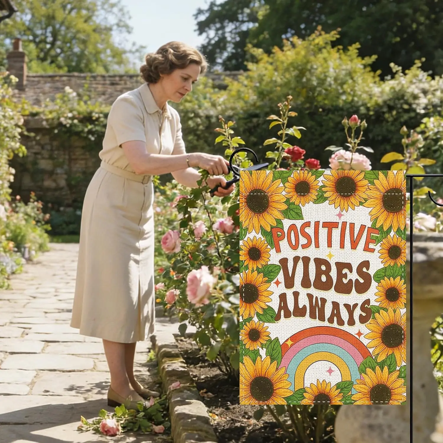 Positive Vibes Always Sunflower Rainbow Decorative Garden Flag, Boho Inspirational Spring Summer Flower Small Yard Outside D PPM