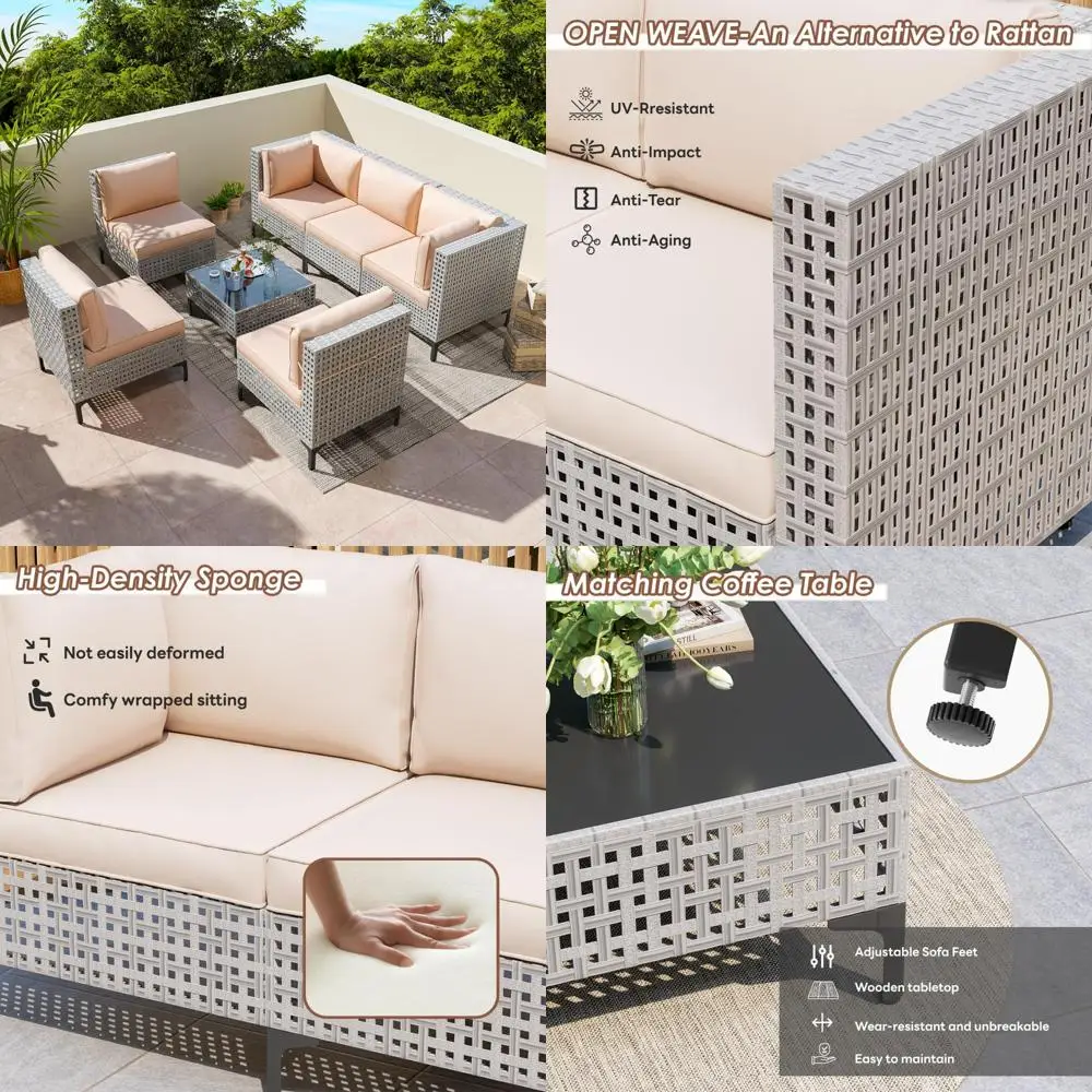 

7-Piece Outdoor Patio Furniture Set, All-Weather Rattan Sectional Sofa with Thick Cushions, Modular Conversation Set for Poolsid