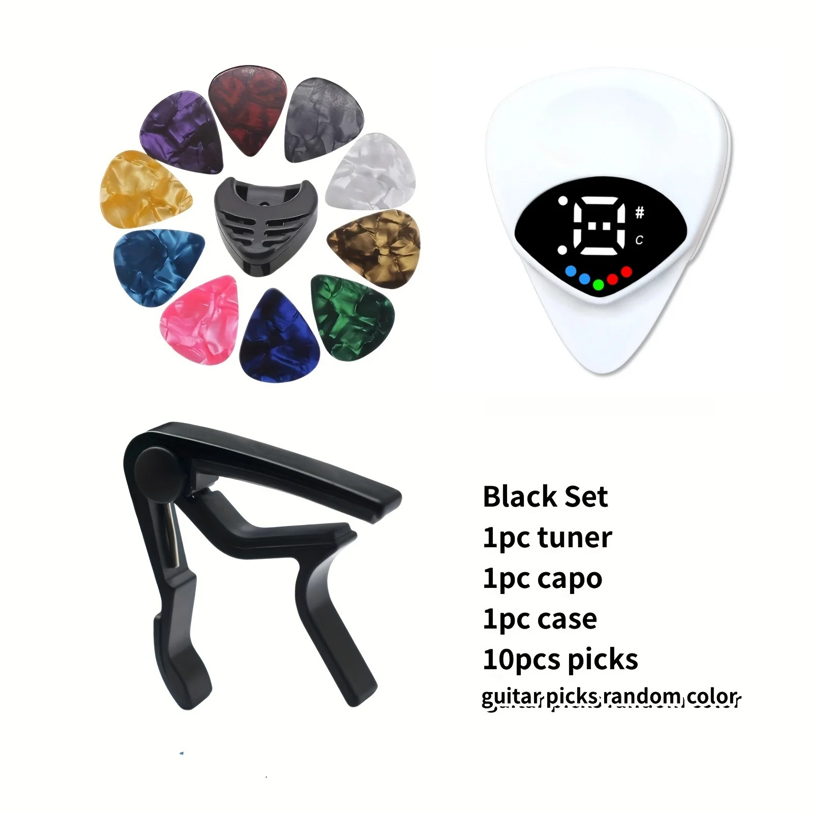 13pcs/ set complete guitar tuning kit - 2-in-1 guitar pick and tuner, guitar capo, picks in random colors and pick box - perf