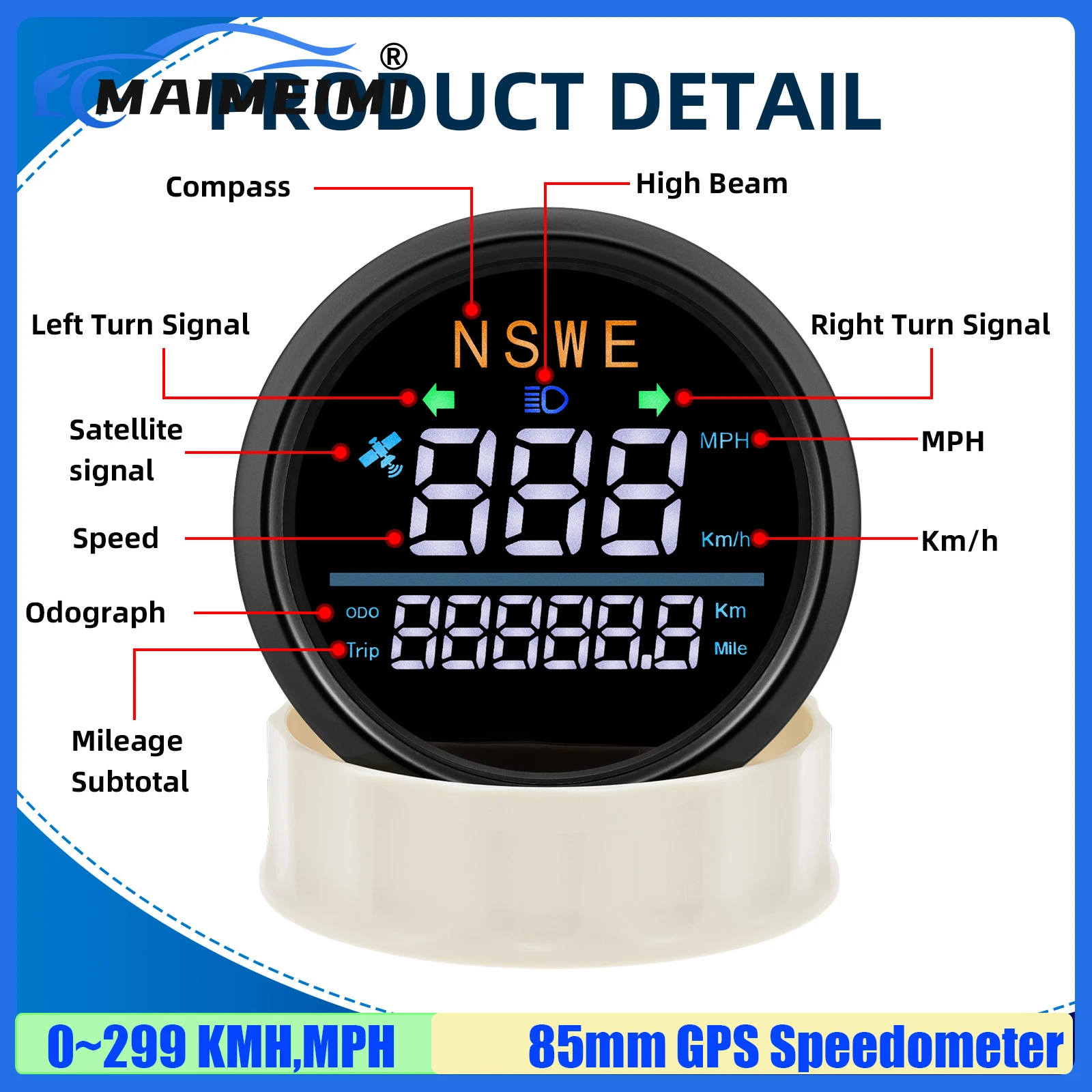 

MAIMEIMI New Universal 299KMH,MPH Digital LCD 85mm GPS Speedometer Gauge with Odometer Stainless Steel Bezel Red/White/Green LED