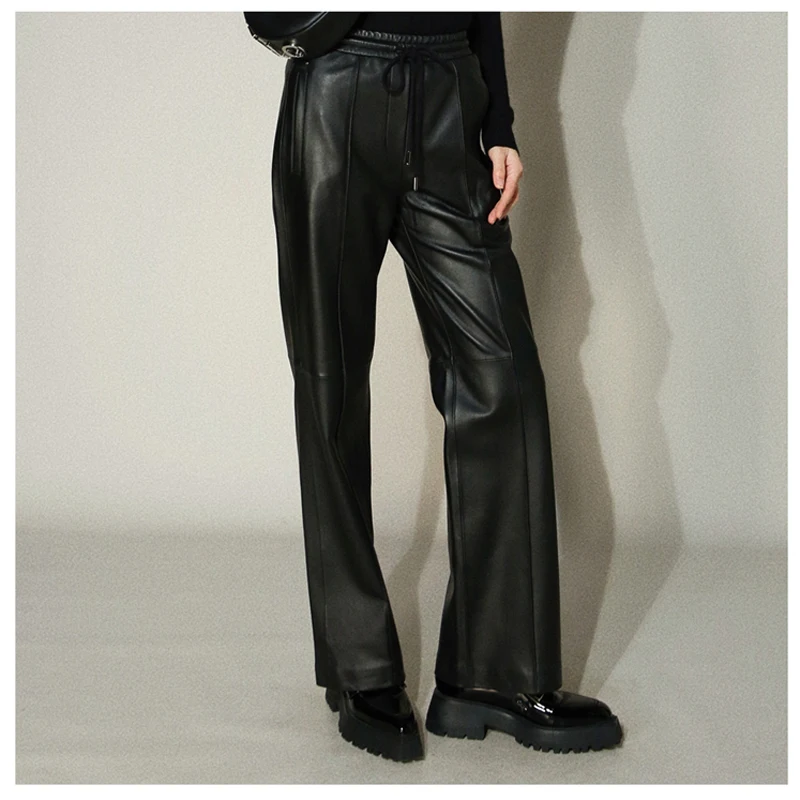 

Кожаные брюки женские модные европейские женские тонкие пояса Mujer матовая дымовая трубка уличная одежда коричневые широкие брюки с эластичной резинкой на талии