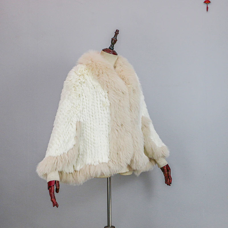 Nuevo Chal de Piel de Conejo Auténtica Tejida Extra Largo con Cuello de Piel de Zorro, Chaqueta de Punto de Moda para Mujer
