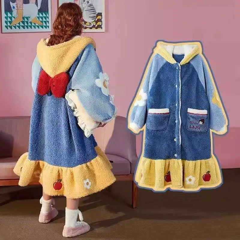 جديد ديزني سنو وايت منامة النساء الخريف الشتاء المرجان المخملية رداء سميكة لطيف الكرتون الدافئة ملابس المنزل ثوب النوم دعوى هدية