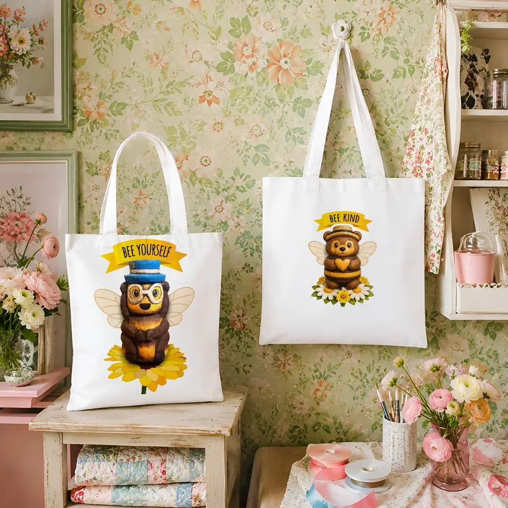 Bee Positive Animal Friends Storage Bags Versatile Canvas Tote For Shopping Work School Travel And Daily Carry
