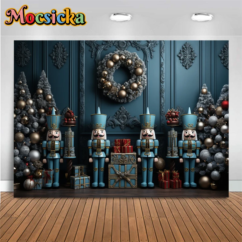 Mocsicka Christmas Wall Photography Backdrop Xmas Tree Toy Guard Gift Dark Blue Children Photo Background Wallpaper Photozone