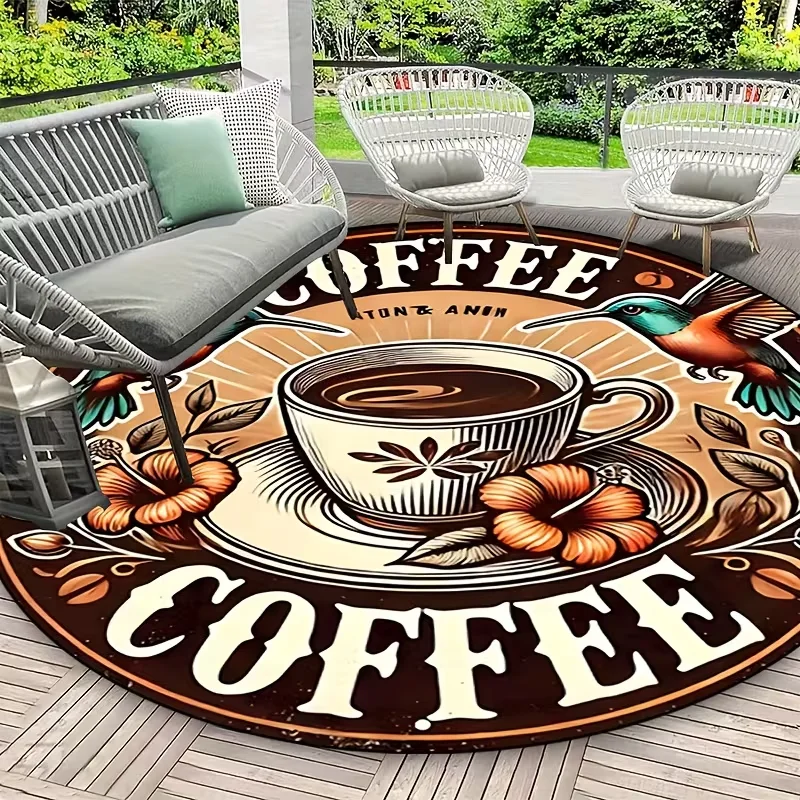Vintage Retro Letter Print Round Area Rug Rustic Coffee Shop Themed Non-Slip Floor Carpet Outdoor Patio Decor Mat for Porch