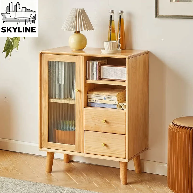 Solid wood rattan dining side cabinet, living room home simple and complete log TV side cabinet