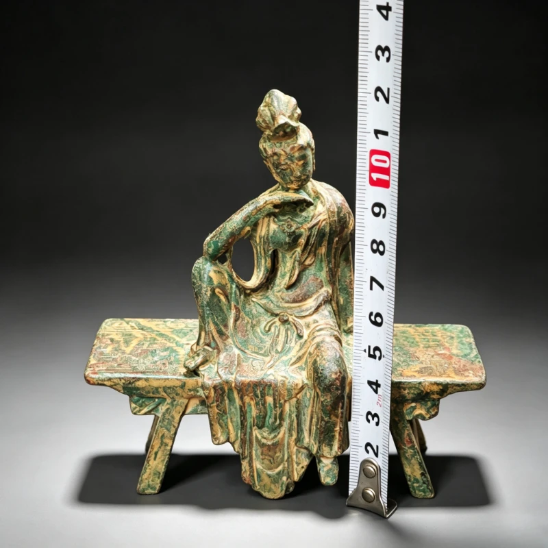 Immagine 5: Statua Antica di Guanyin Buddha Seduto su Panca, Figurina Kwan-Yin del Buddhismo Tibetano, Decorazione per Altare Domestico