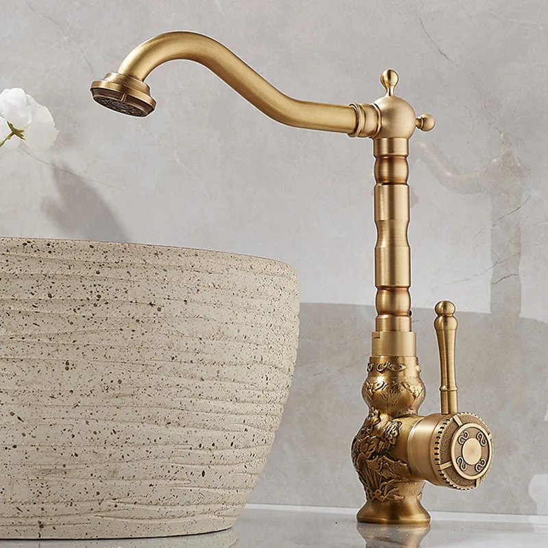 Antique Brass Basin Faucet Single Handle Mixer Tap Carving Design Rotatable Spout for Bathroom Vessel Sink