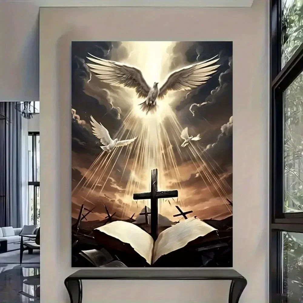 Multiple sizes 1pc frameless Canvas Painting,Holy Bible Canvas The Cross & Dove of Peace Poster and Prints Canvas Painting Wall