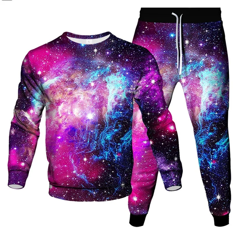 Autumn Colorful Galaxy Cloud Vortex Star Harajuku Style Men Clothing Suit Sweatshirt Pants 2Pcs Set Women Outdoor Tracksuit