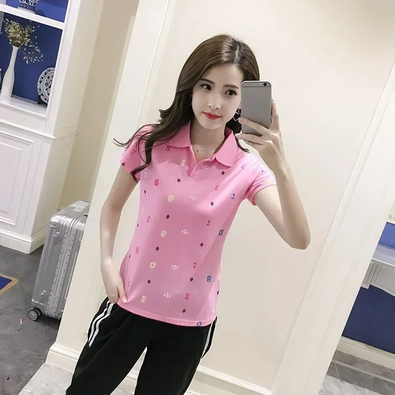 سليم التلبيب تي شيرت الصيف الزي قصيرة الأكمام الطباعة القمصان النسائية الكورية نمط الملابس الأصلية الجديدة عادية كوع تي أنثى