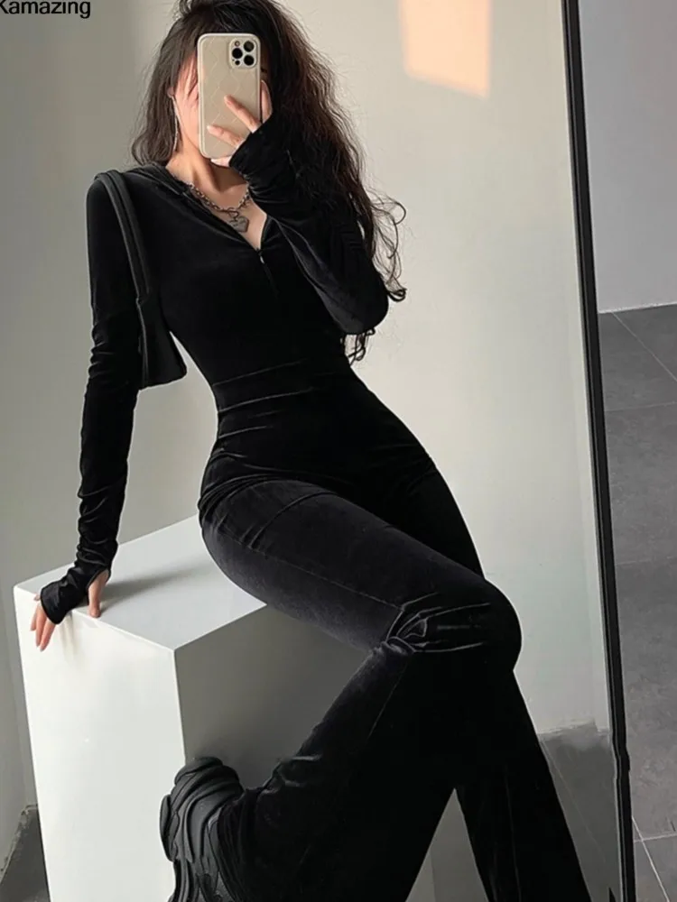 Combinaison moulante en velours noir pour femme, Sexy, mode, capuche, fermeture éclair, pantalon évasé, barboteuse, Vintage Y2k, Streetwear, tenues d'hiver, automne