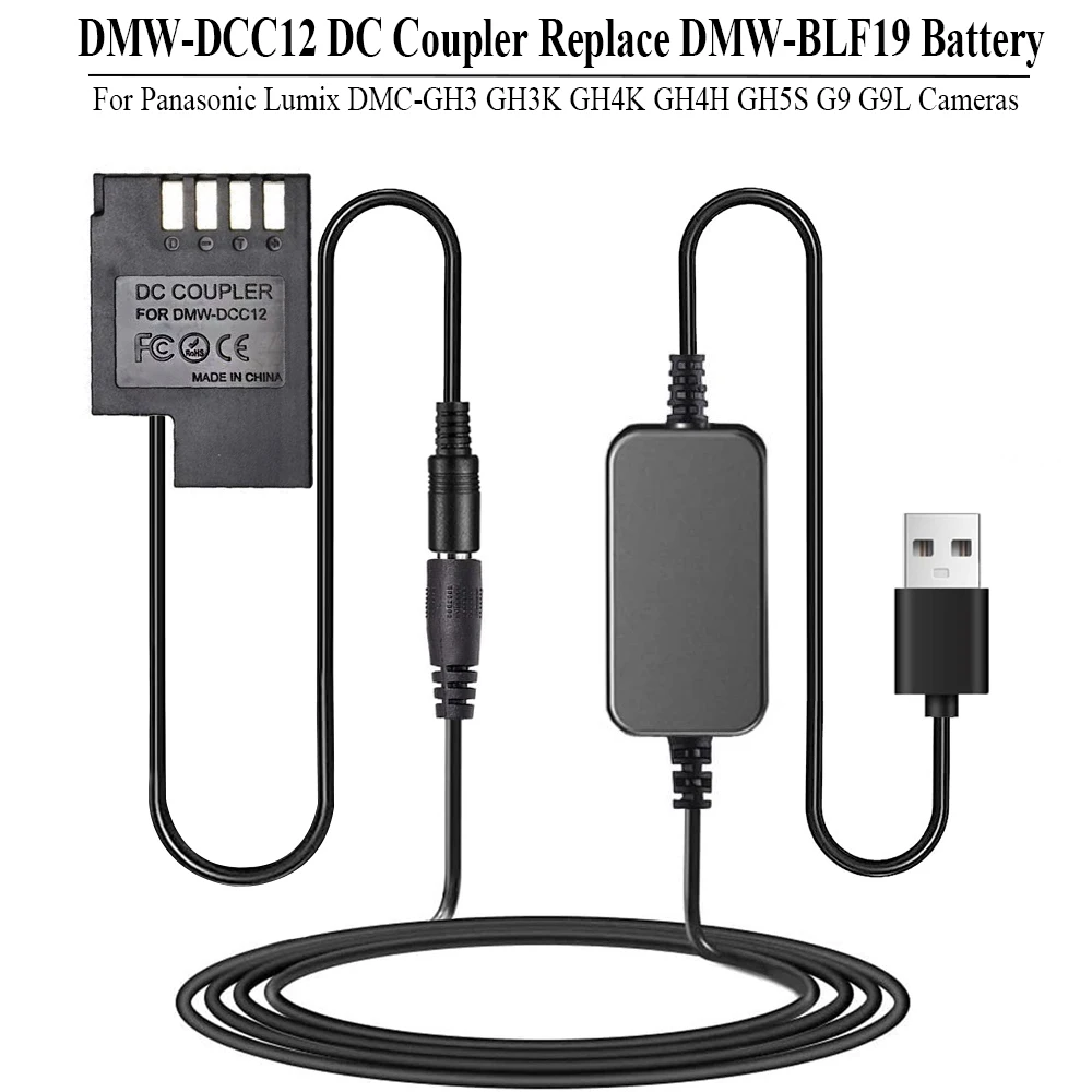 5V USB Convertor DMW-DCC12 DC Coupler Replace Panasonic DMW-BLF19 Dummy Battery for Lumix DMC-GH3 DMC-GH3K DMC-GH4K Cameras