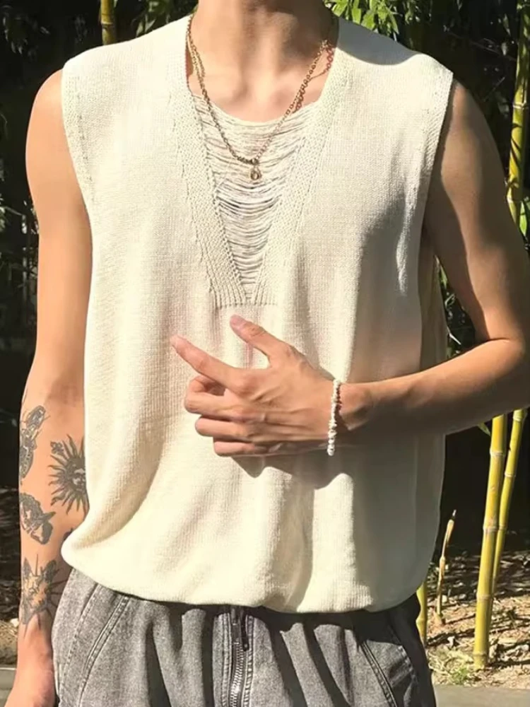 Men's Deep V-neck Shredded Knit Vest Trendy See-through Hollow Out Ice Silk Sleeveless Chic Summer Tank Top Waistcoat Tees