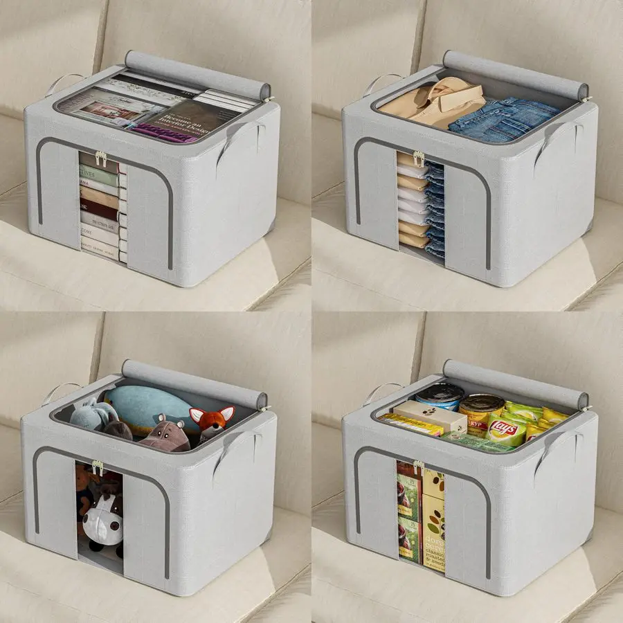 メタルフレーム付き衣類収納ボックス3個パック、クローゼットオーガナイザーと収納ボックス、積み重ね可能で折りたたみ可能な衣類オーガナイザーバッグ