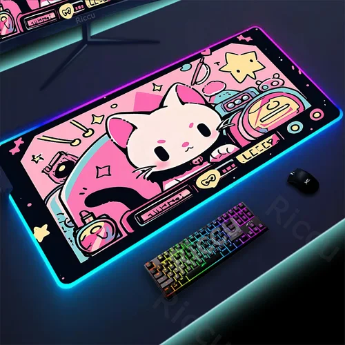 Imagen 2 del producto Alfombrilla de ratón RGB con diseño de gato y nube rosa, tapete de escritorio con retroiluminación LED para teclado de juegos, accesorios de oficina para ordenador, alfombrilla de ratón de Anime Kawaii