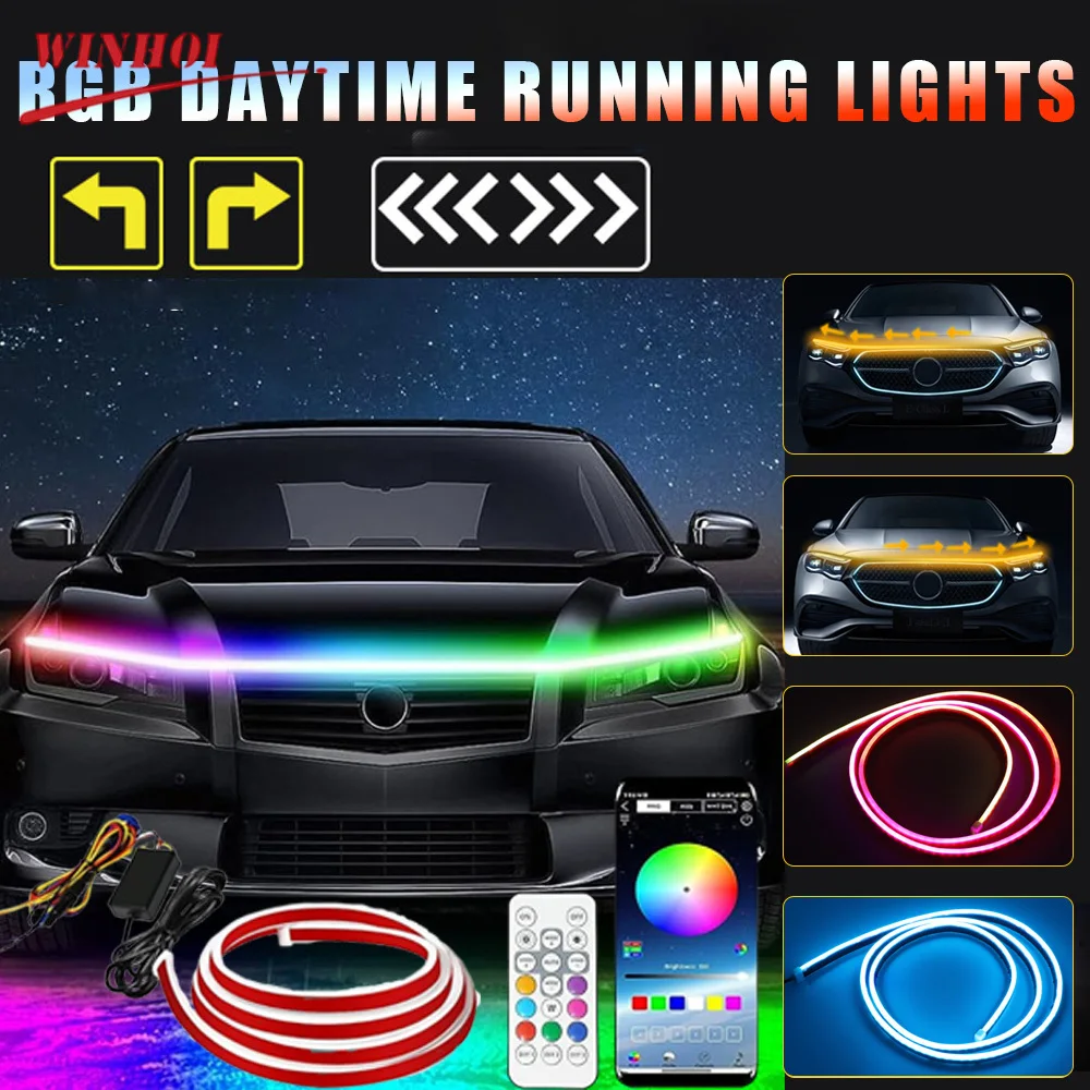 RGB Car Hood Light Strip with Flowing Turn Signal Car LED Strip 12V Universal Flexible Led Daytime Running Lights DRL  Auto Lamp