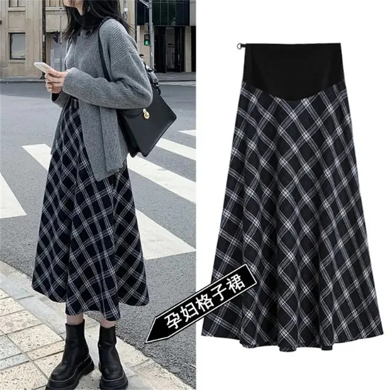 2023 Spring and Autumn New Pregnant Women's Plaid Trendy Mom Casual Thickened Waist Half Skirt Maternal Wear Long Skirt Outside