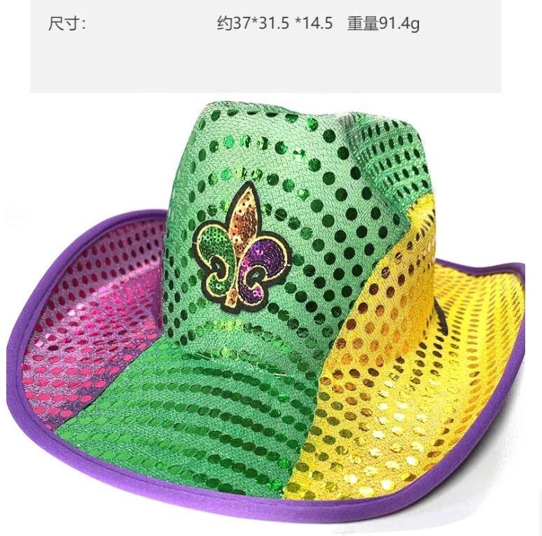 Mardi Gras Lantejoula Cowboy Hat, Minthson Party Supplies, traje de cowboy, Western Wear para homens e mulheres