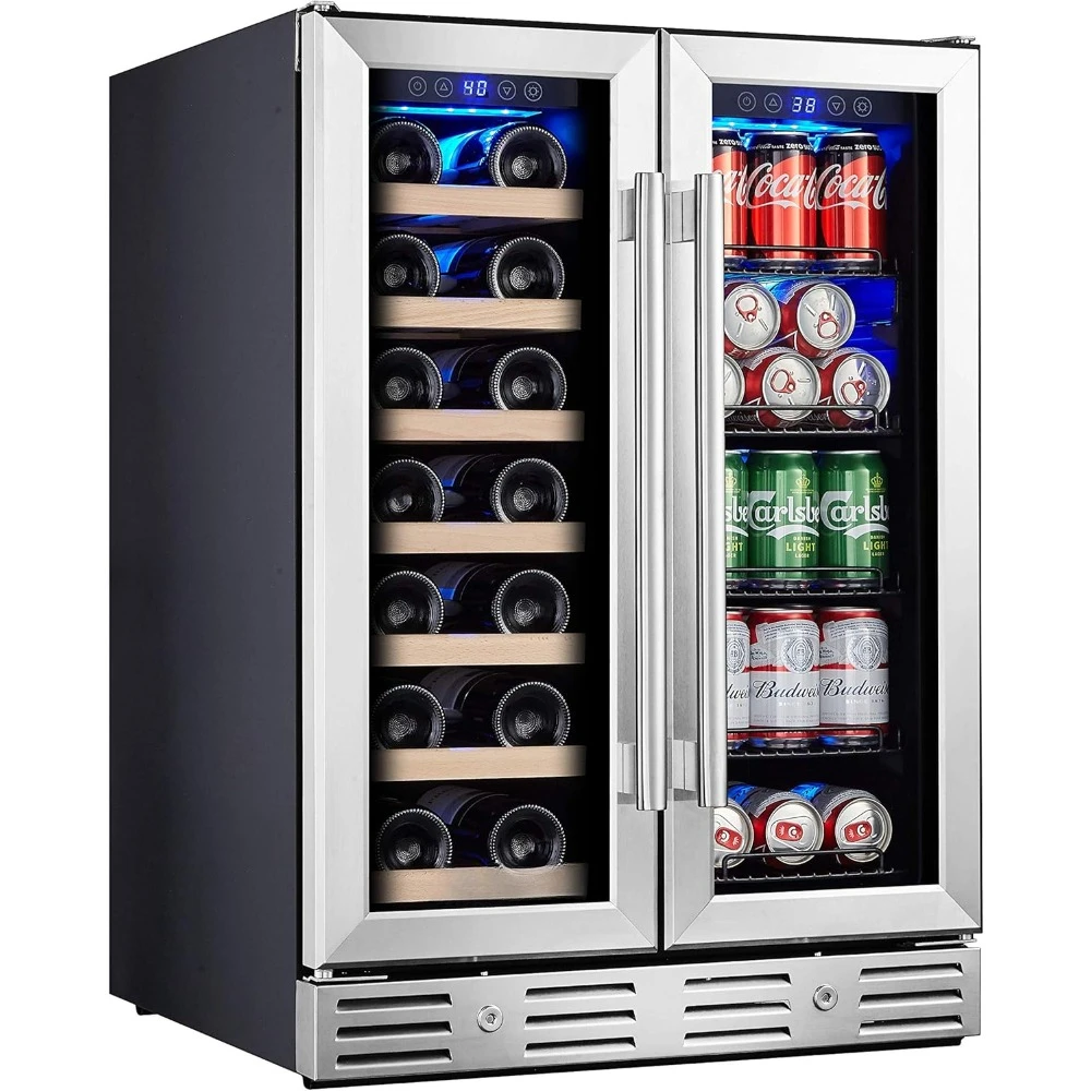 Wine and Beverage Refrigerator, 24 inch Wine Fridge Dual Zone Hold 20 Bottles and 78 Cans, Digital Touch Control, Built-In