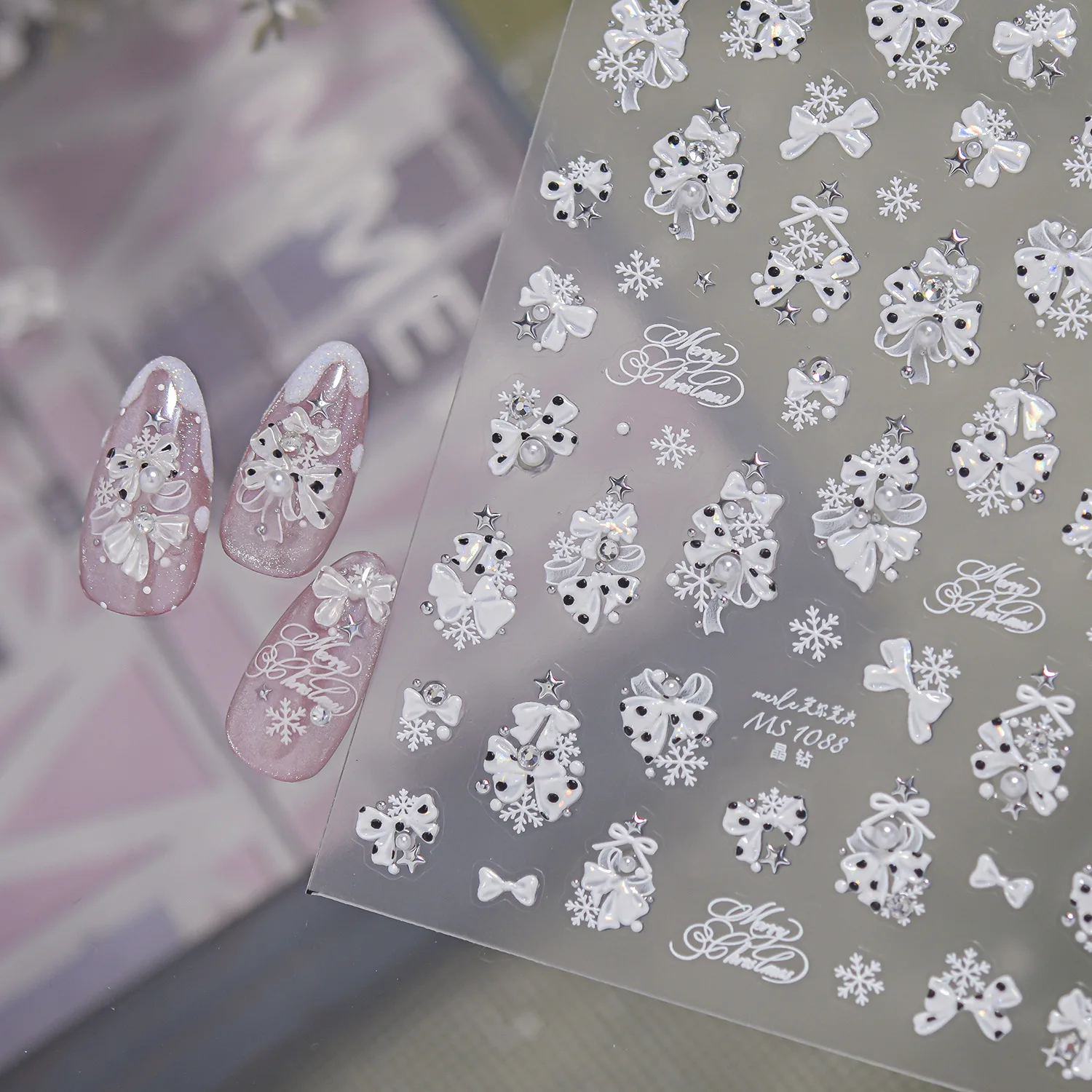 5D Christmas Nail Stickers Sweet Pink Bow Polka Dot Bow Xmas Tree Snowflake Pearl Merry Christmas Embossed Nail Decals Manicure