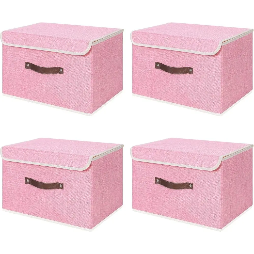 

Набор из 4 складных коробок для хранения с крышками, ручками из искусственной кожи и декоративной отделкой из хлопково-льняной ткани, основа из полипропилена, для дома