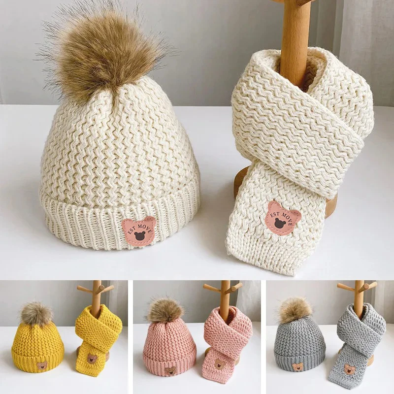 Plush Lining Baby Winter Hat Pompom Kids Beanie Scarf Fur Ball Bear Children Cap for Girls Boys Hats Thicken Infant Accessories