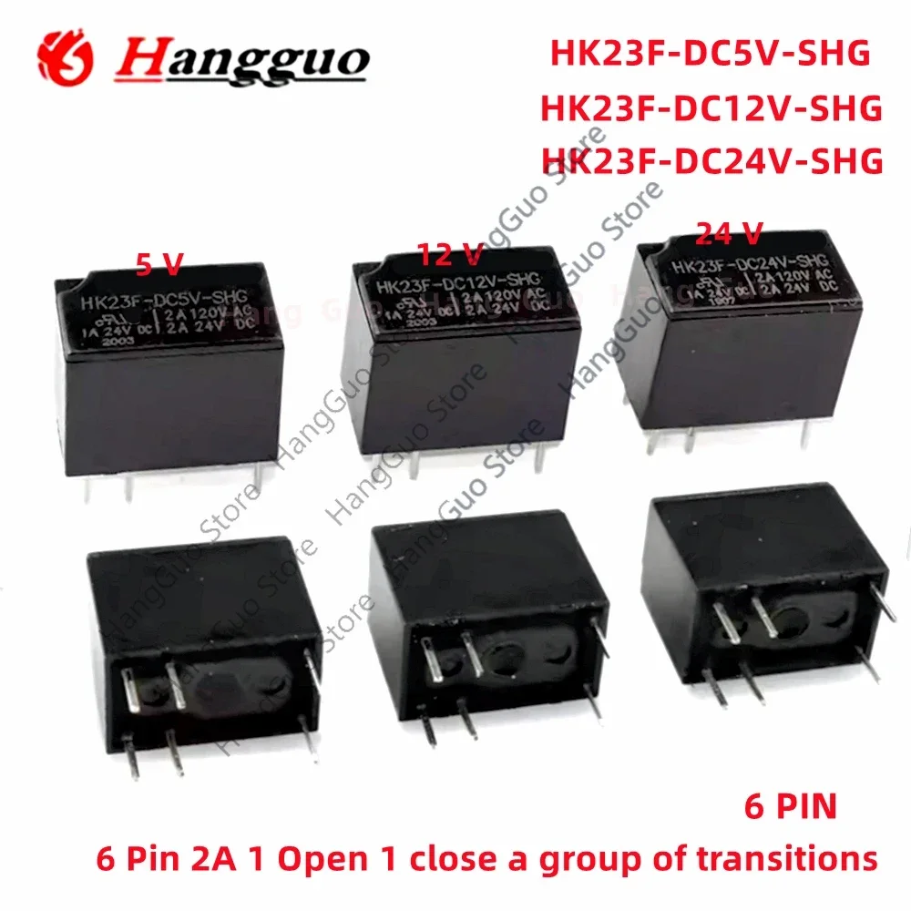 10PCS/Lot Original HK23F-DC5V 12V 24V-SHG 6 Pin 2A 1 Open and close a group of transfer relays