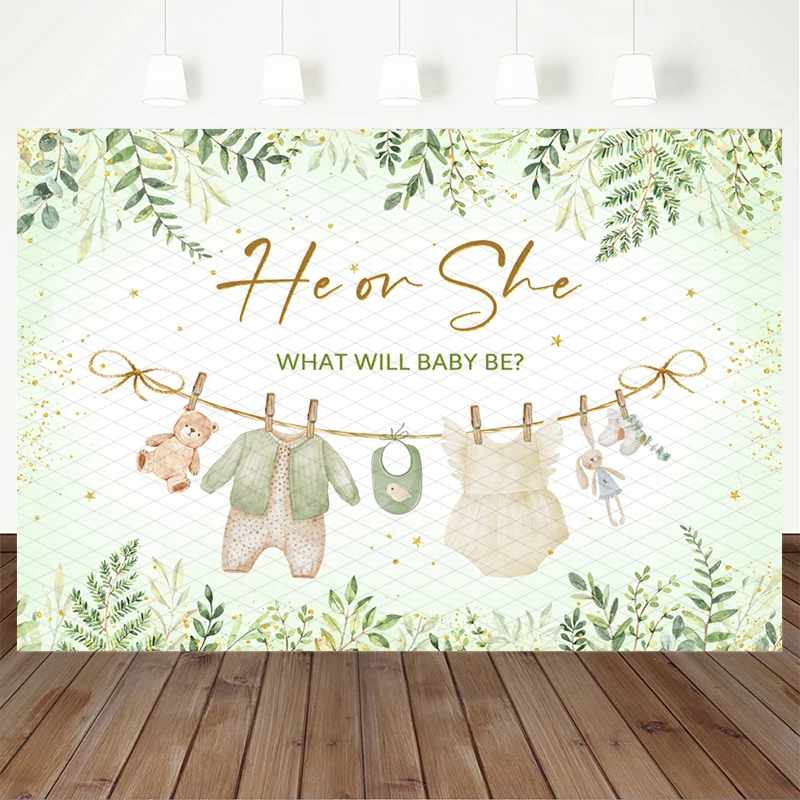 Mocsicka He Or She Gender Reveal Photography Backdrop Green Eucalyptus Leaf Clothes Kid Baby Shower Background Photo Studio Prop