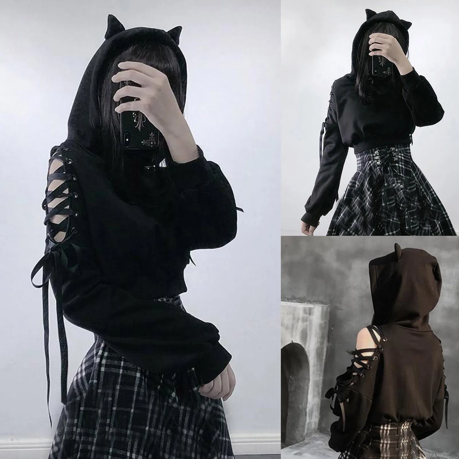 Women Long Sleeve Slim Hoodies Kawaii Cat Ears Hoodie Gothic Punk Harajuku Cold Shouler Bandage Gothic Black Sweatshirts 2024