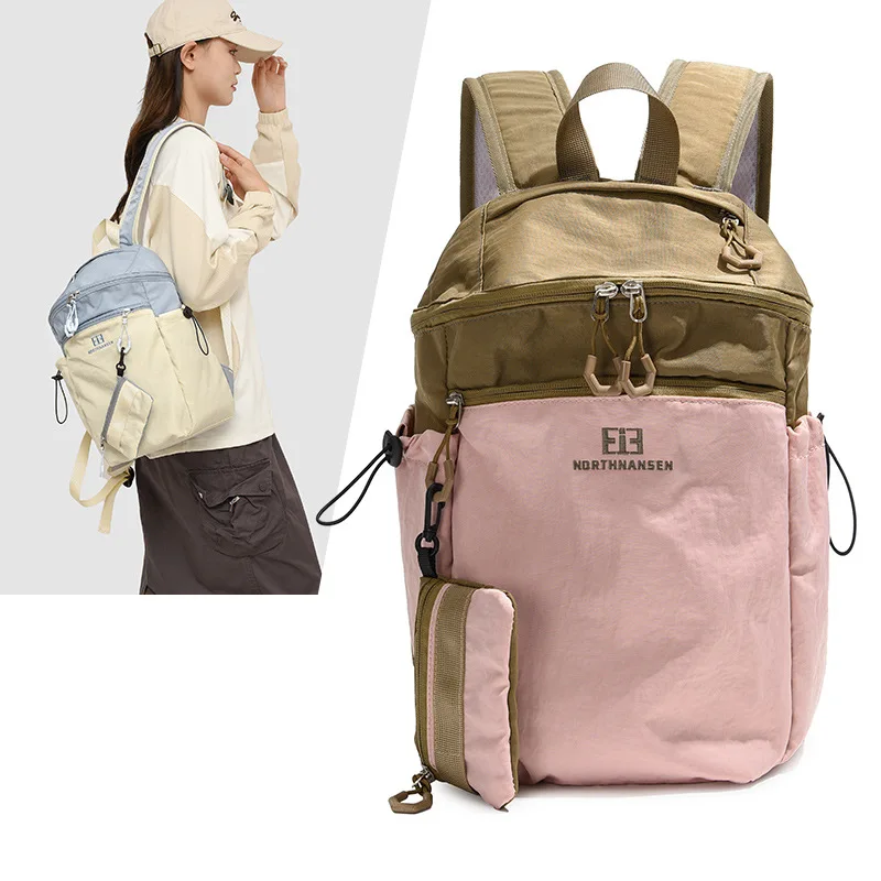 Color Block Outdoor Backpack With Detachable Small Pouch Lightweight Nylon Multi Pocket Travel Hiking Rucksack For Women Men