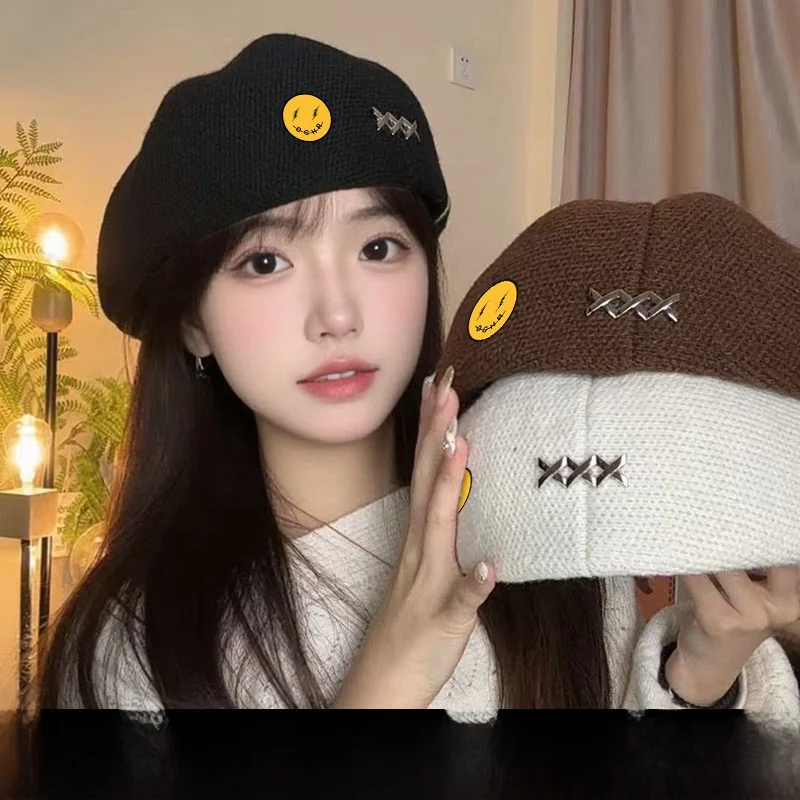 ウールベレー帽女性の冬顔痩せフロワードキャップアーティストハットラウンドトップつばなしユースファッション秋冬帽子