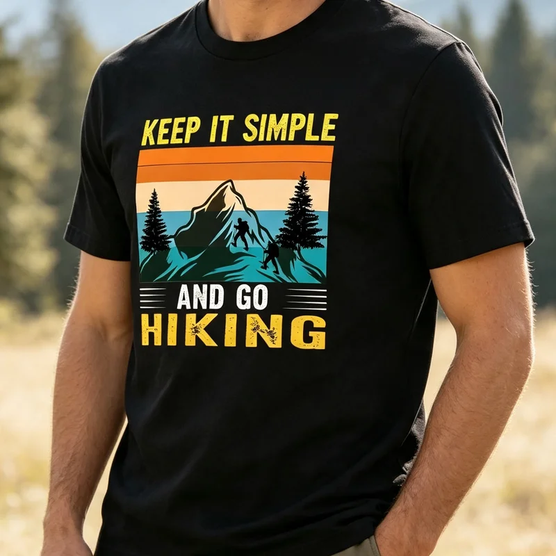 Keep It Simple And Go Hiking T‑Shirt Vintage Sunset Mountain Print Cotton Tee Men Women Outdoor Adventure Camping Casual Top