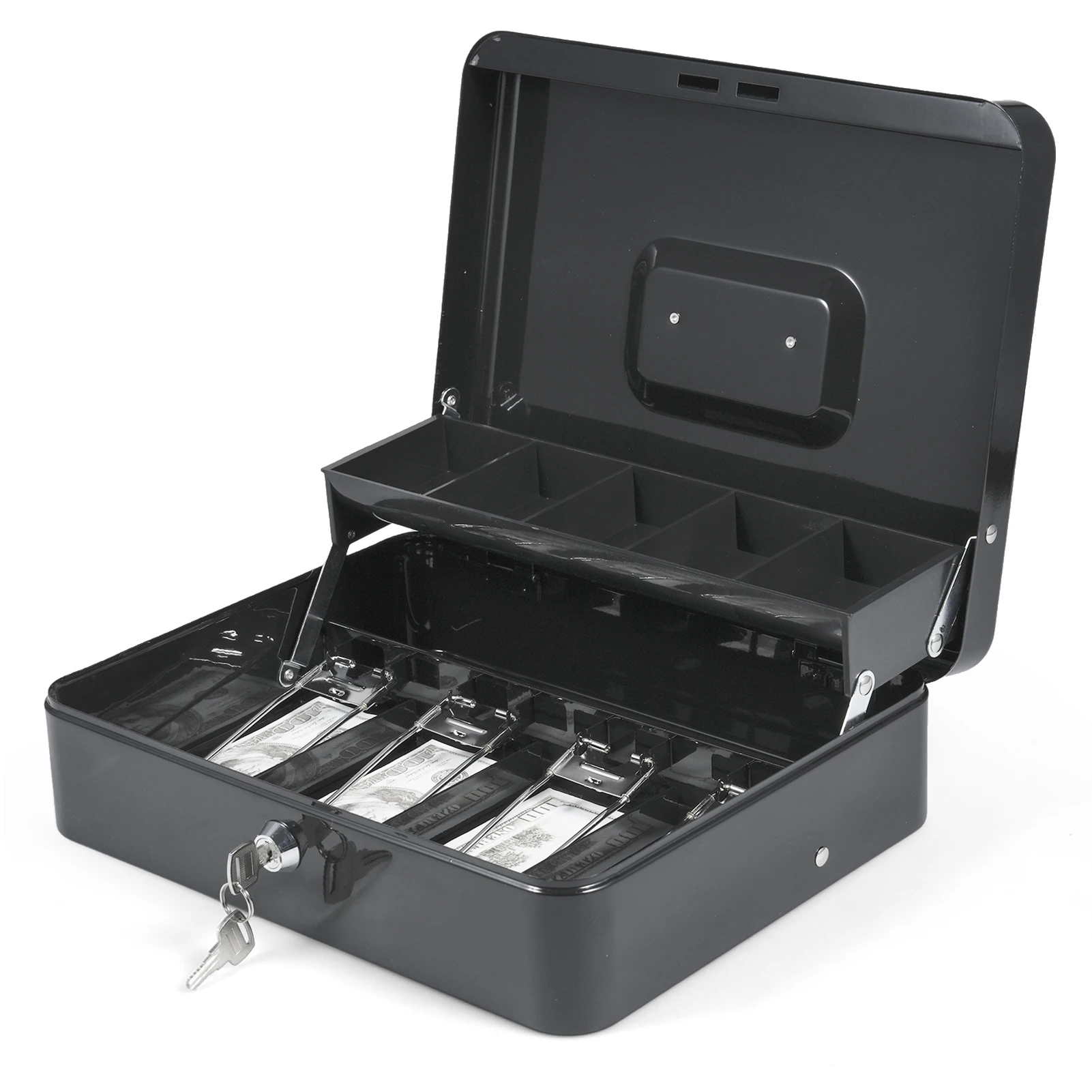 

Cash Box Metal Money Box with 5 Coin Trays Cantilever Design & 4 Bill Slot with Spring Clips to Organize and 2 Keys Lock Safe