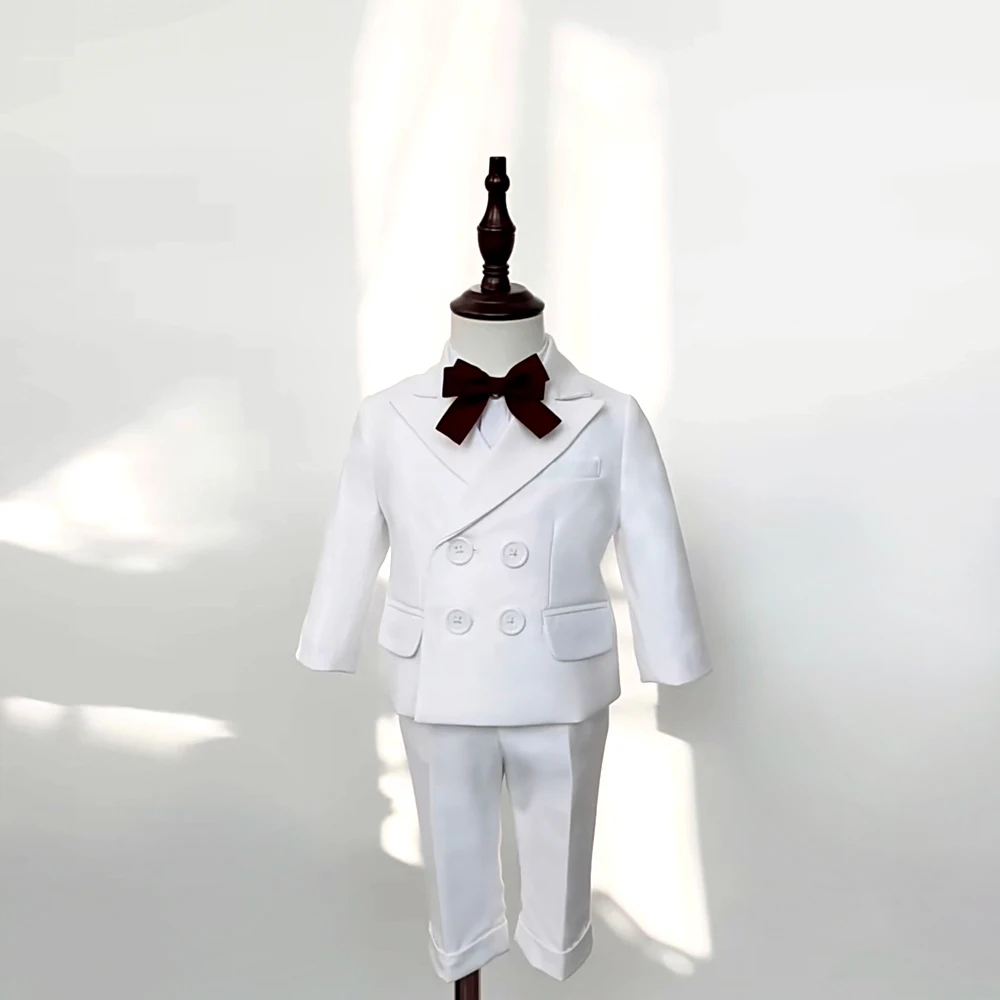 White Suit For Baby Boy 9 Month-4 Year Kids Boys Blazer Pants With Straps 3 PCS Clothes Set Baptism Wedding Elegant Party Dress