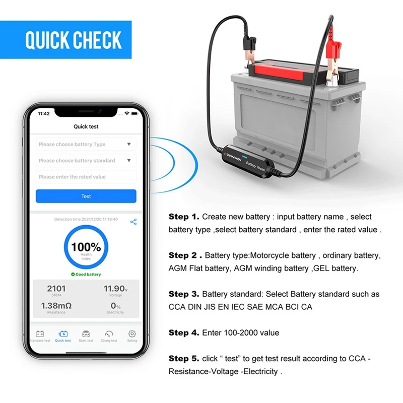 BK100 Bluetooth Car Motorcycle Battery Tester 100 To 2000 12V Charging Cranking Test Tool Black