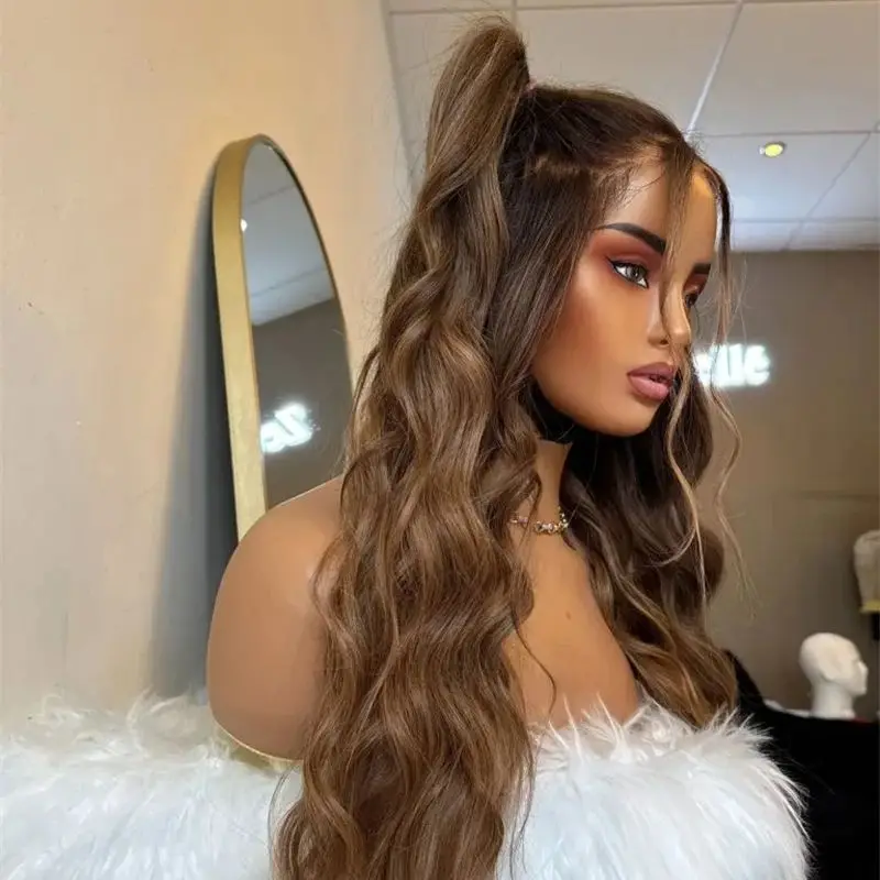 30 بوصة شعر مستعار طويل موجة 13x4 أومبير الكستناء البني يسلط الضوء على Balayage الاصطناعية HD الدانتيل الجبهة الباروكات غطاء متوسط الحجم جاهزة للشحن