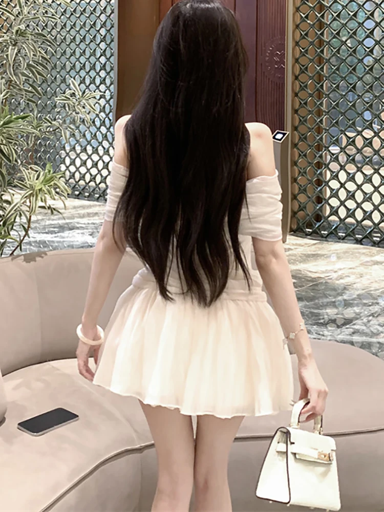 Vrouwen Solid Mesh Diamanten Chique Borst Wikkelen Sexy Mini Jurk Zomer Elegante Luxe Jurk 2025, Koreaanse Vintage Bodycon Galajurk