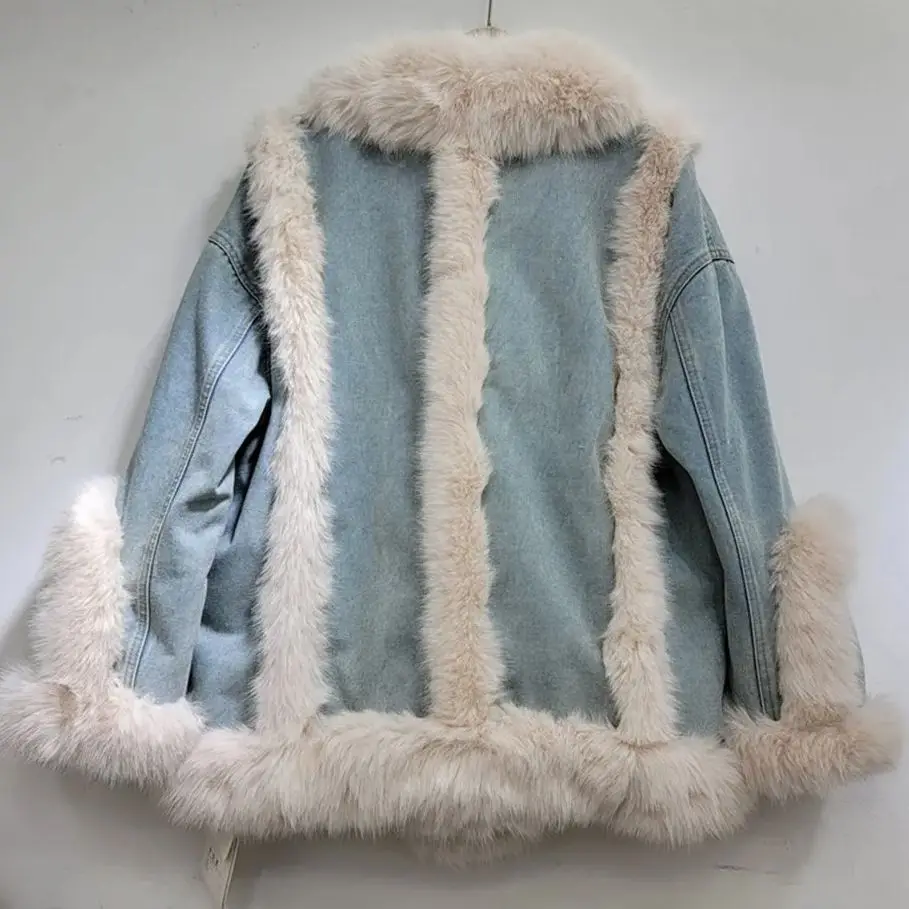 2023 Winter New Faux Fox Fur Coat for Women Fashion Warm Denim Parkas Female Cotton Coat Outerwear Y4482