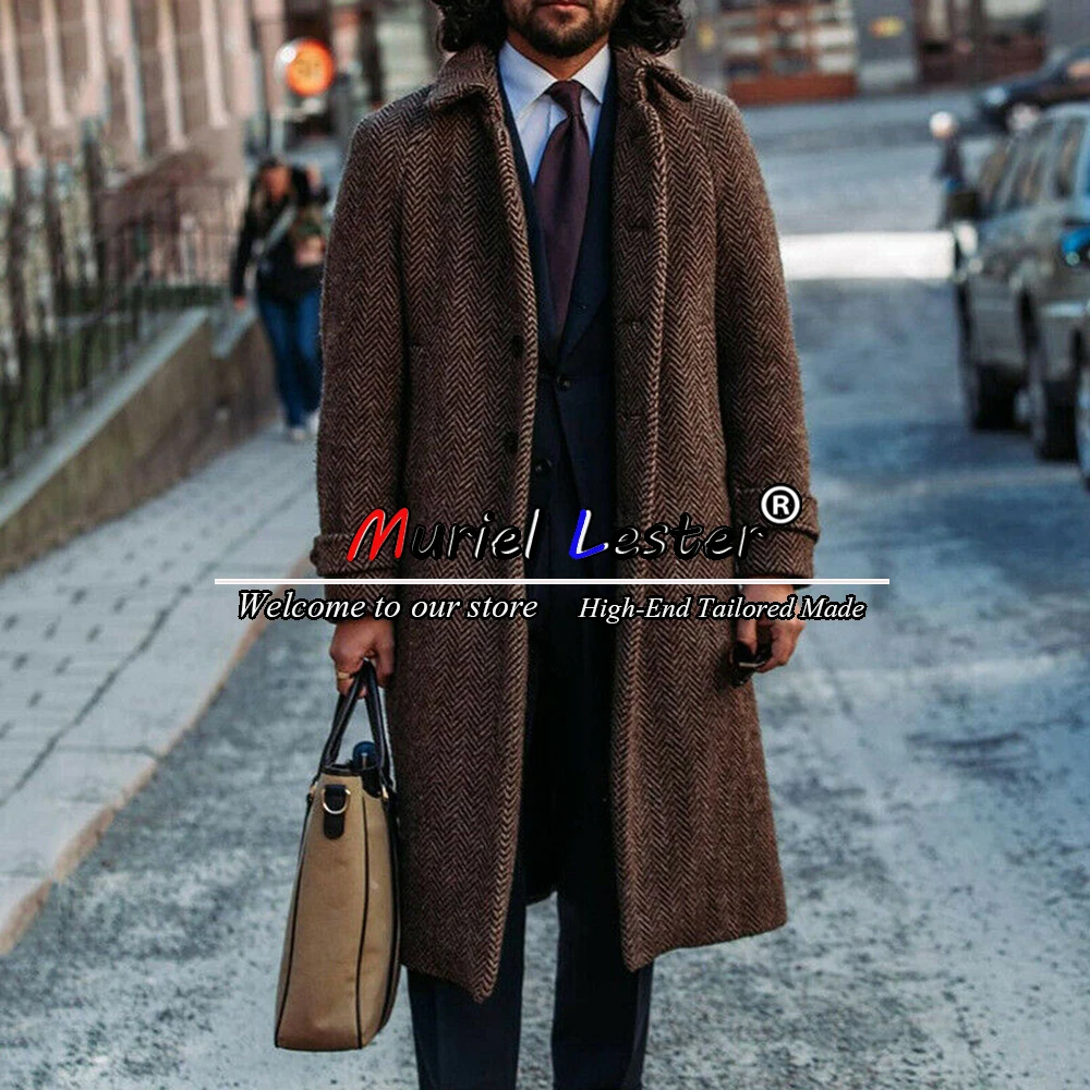 Spring/Autumn Men Suit Jackets Long Tailored Made Brown Herringbone Single Breasted Trench Coat Groomsman Outwear Blazers Sets