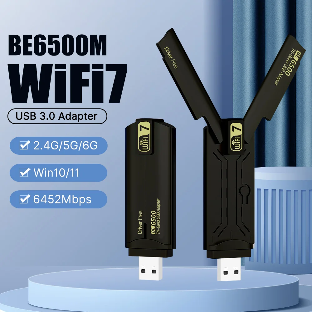 

WIFi7 Tri Band BE6500 USB3.0 Wireless Adapter 2.4G&5G&6G 802.11BE Network Card 2882Mbps Top Receiver For Driver Free Win 10/11