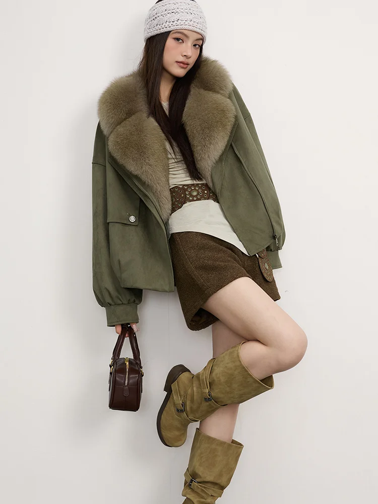 2025 New Winter Natural Fox Fur Collar Goose Down Jacket Women Motorcycle Suit Luxury Puffer Jackets Clothing Hot Sale