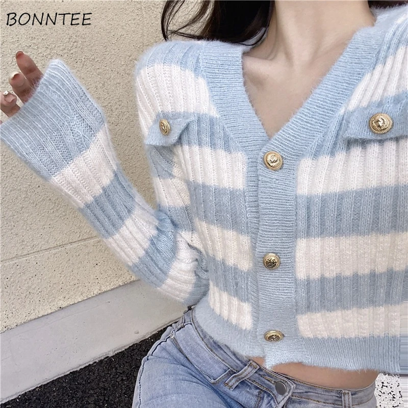 

V-neck Cardigans for Women Young Girls Clothing Korean Style Fashion Warm Autumn Winter Tops Inside Slim Button Soft Prvalent