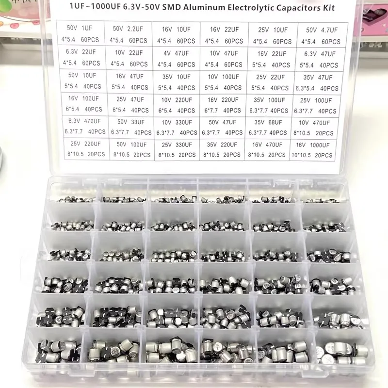 

1500pcs 1UF-1000UF 6.3V-50V SMD Aluminum Electrolytic Capacitors Kit SMD Sample Box