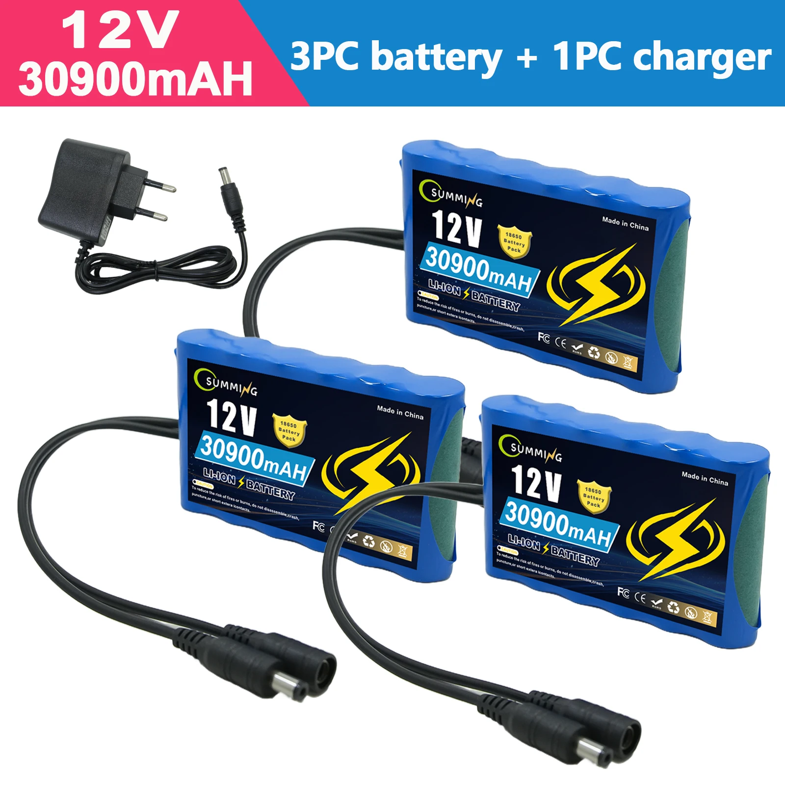 

12 В 30900 мАч аккумулятор литий-ионный аккумулятор Емкость аккумулятора постоянного тока 12,6 В, 30,9 Ач, монитор камеры видеонаблюдения + зарядное устройство